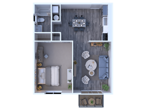 A top-down view of a small apartment with a living room, kitchen, and bedroom.